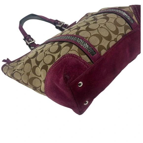 Coach Signature Canvas Tote Suede Trim Purple Interior Shoulder Bag - Picture 7 of 10